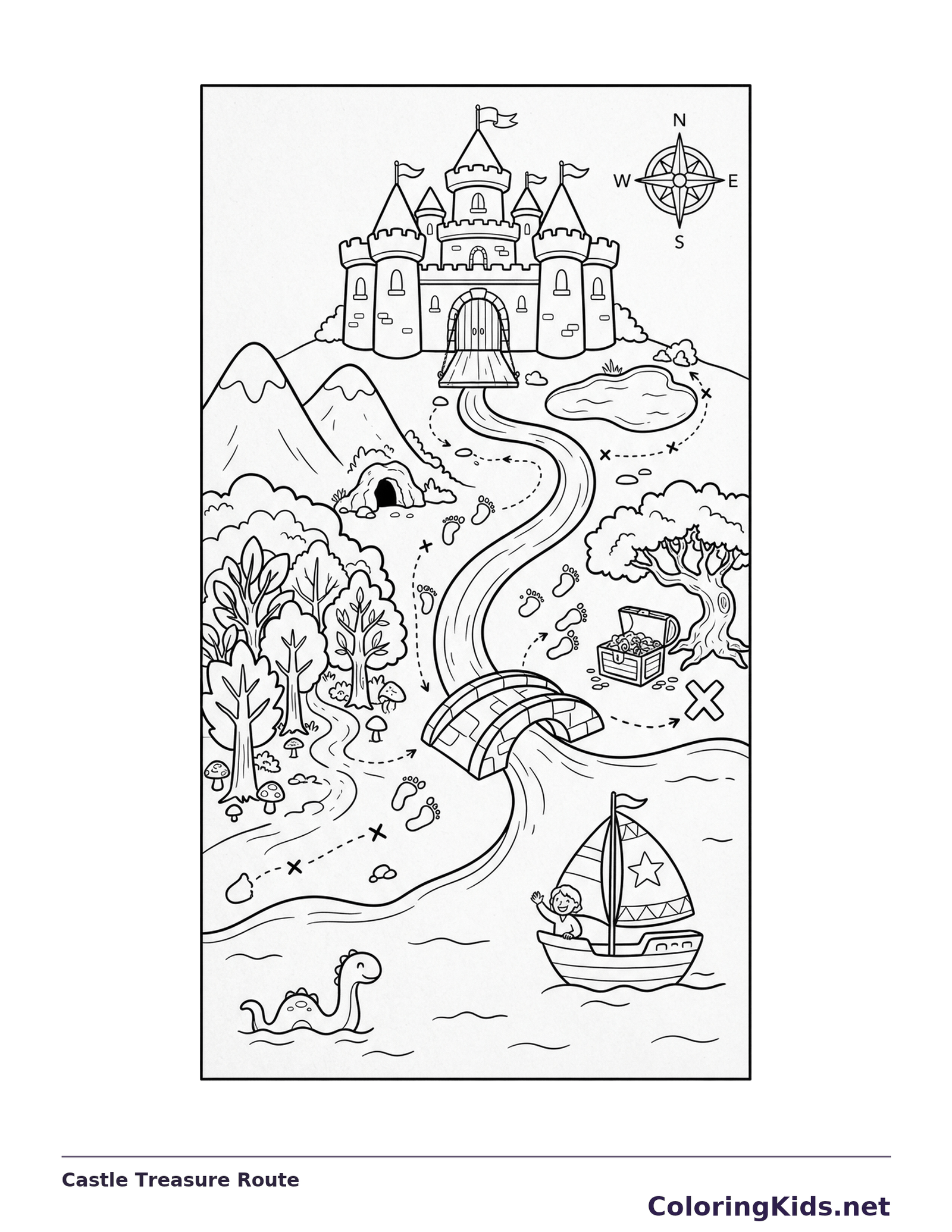 A fantasy map leading from a castle across a bridge toward an X by the river.