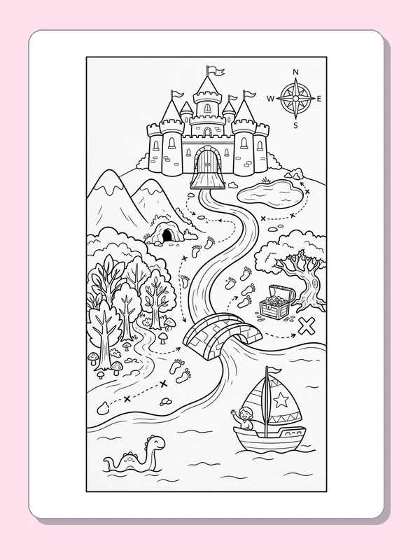 A fantasy map leading from a castle across a bridge toward an X by the river.