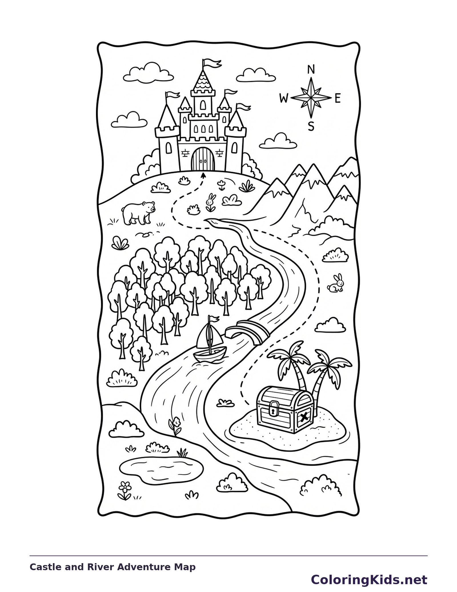 Adventure map with castle, river, trees, compass and treasure chest