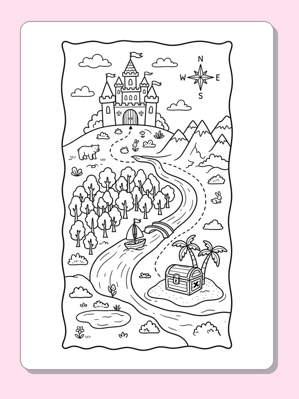 Adventure map with castle, river, trees, compass and treasure chest
