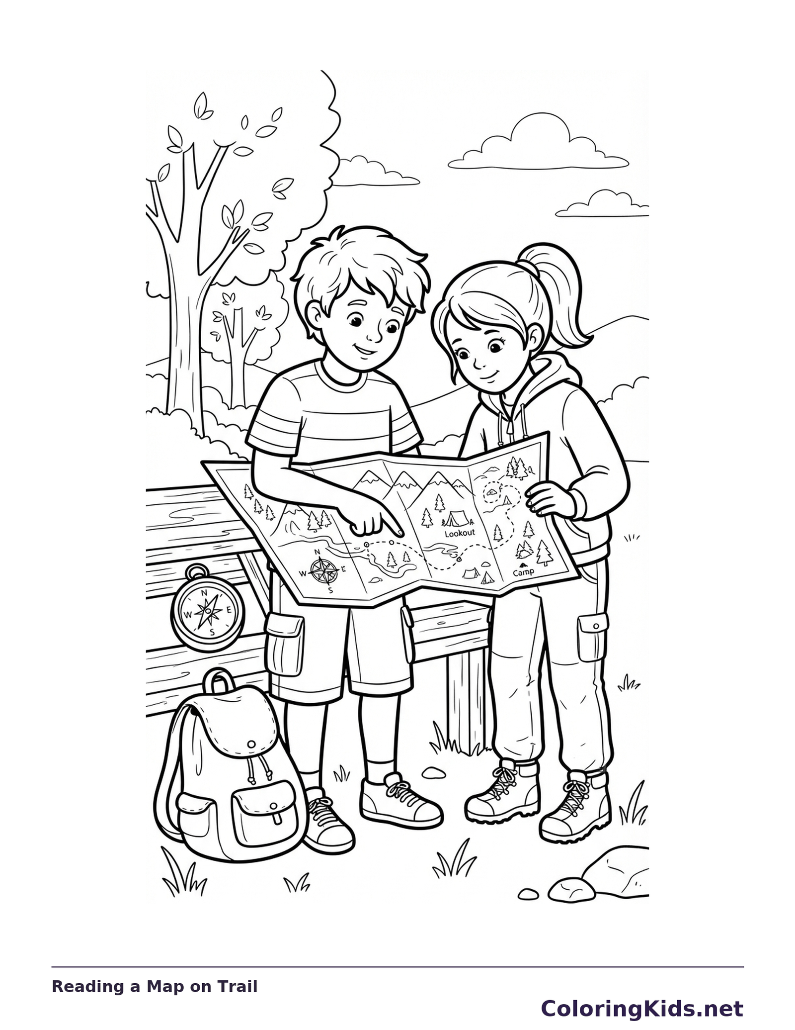 Two children standing on a path with backpacks and looking at an unfolded map.