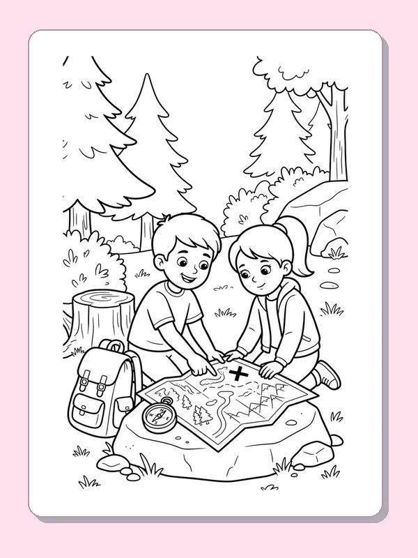 Two children studying a map on a flat rock in the woods beside their backpacks.