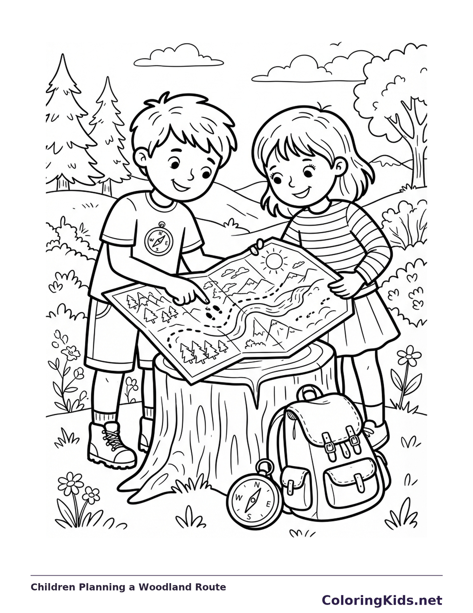 Two children studying a map on a woodland tree stump
