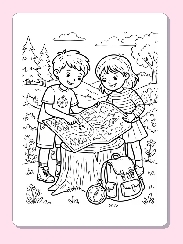 Two children studying a map on a woodland tree stump
