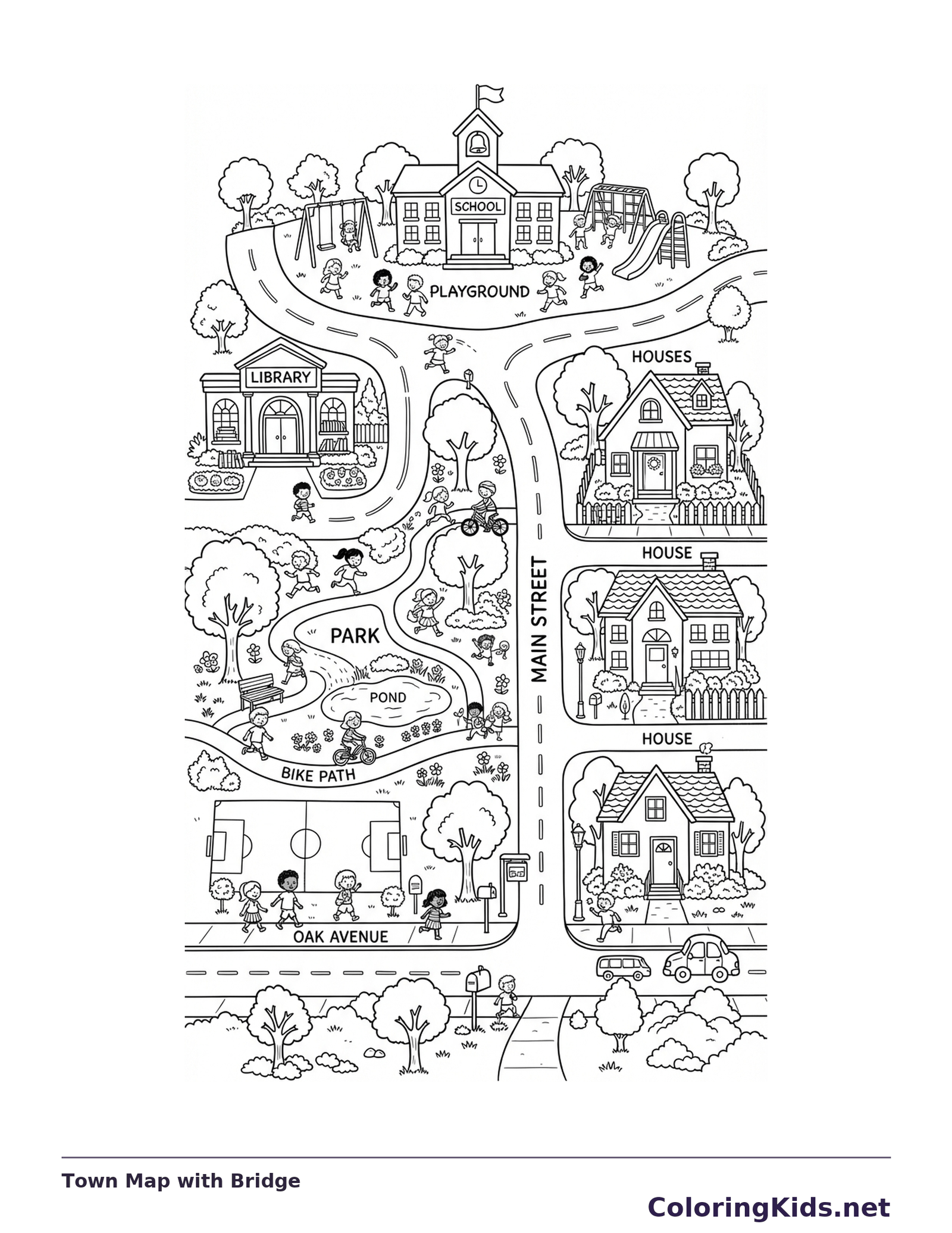 A neighborhood map showing homes, library, school, bridge, park and winding streets.