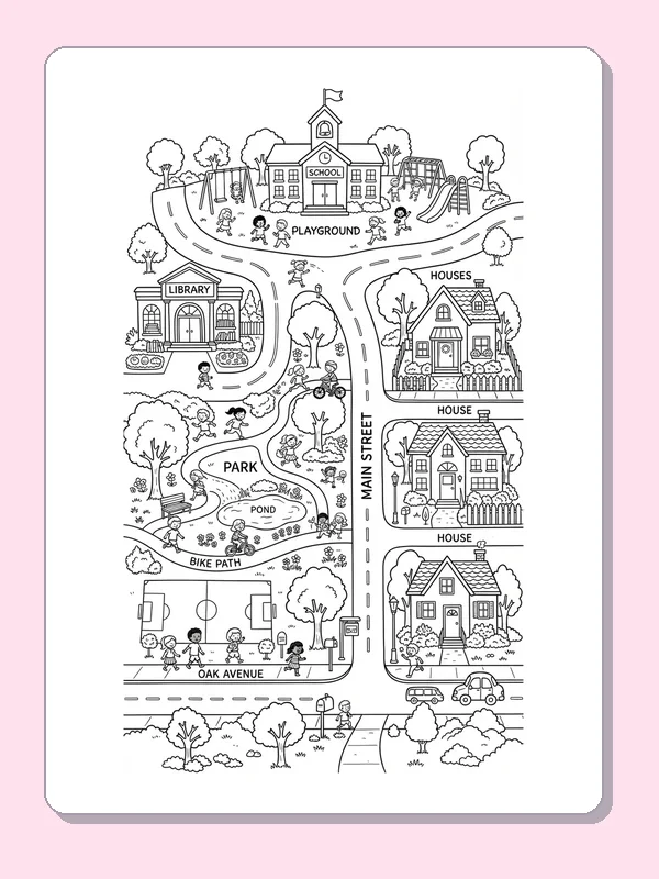 A neighborhood map showing homes, library, school, bridge, park and winding streets.