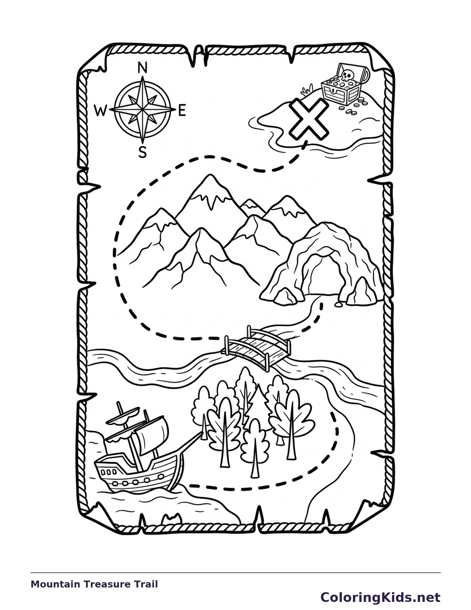 An old parchment map with a dotted trail past mountains, trees, a river and an X.