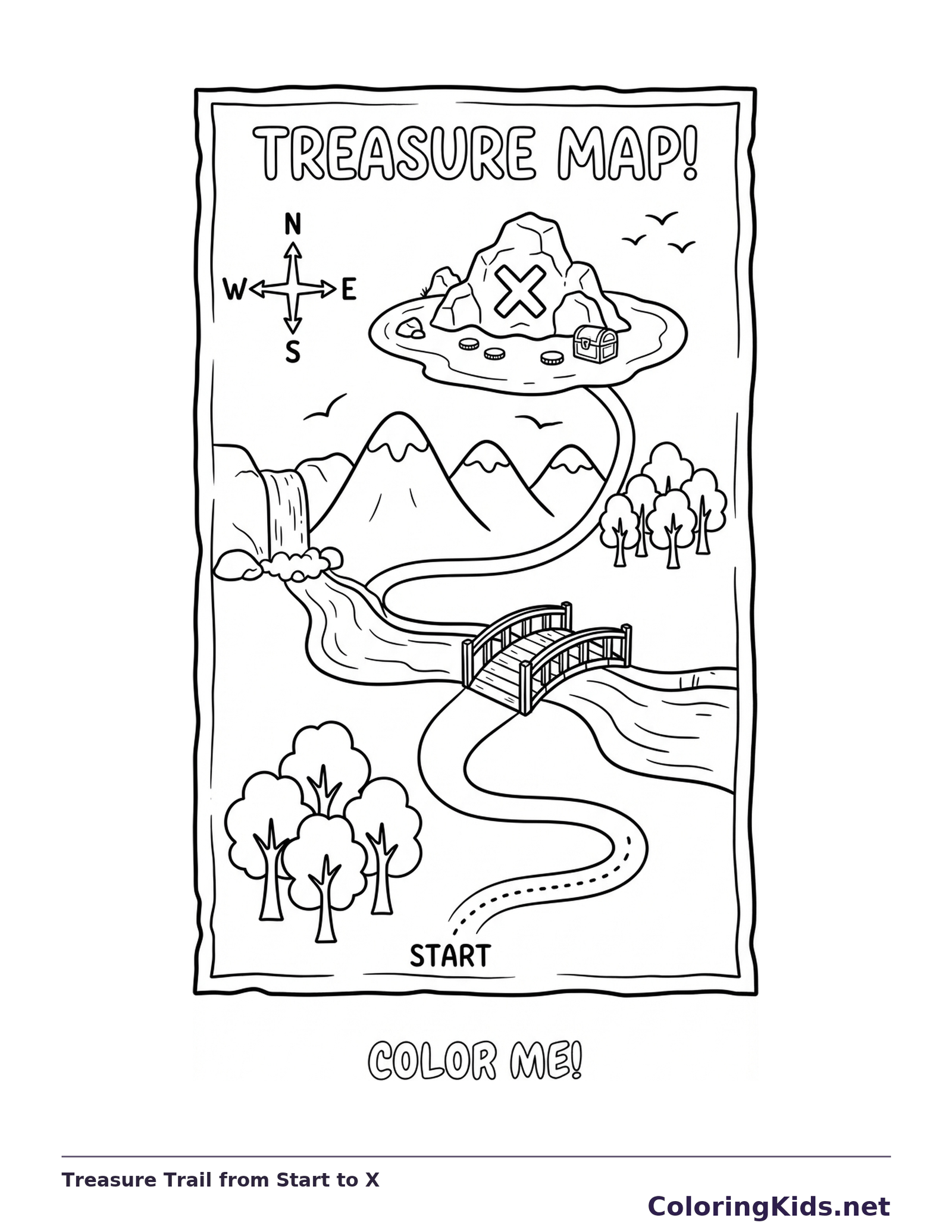 Fantasy treasure map with path, bridge, mountains, island and X