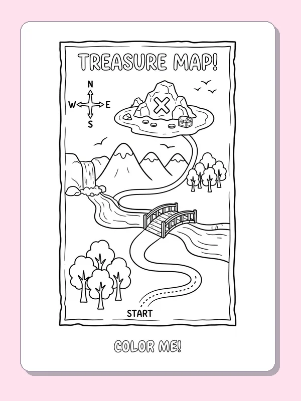 Fantasy treasure map with path, bridge, mountains, island and X