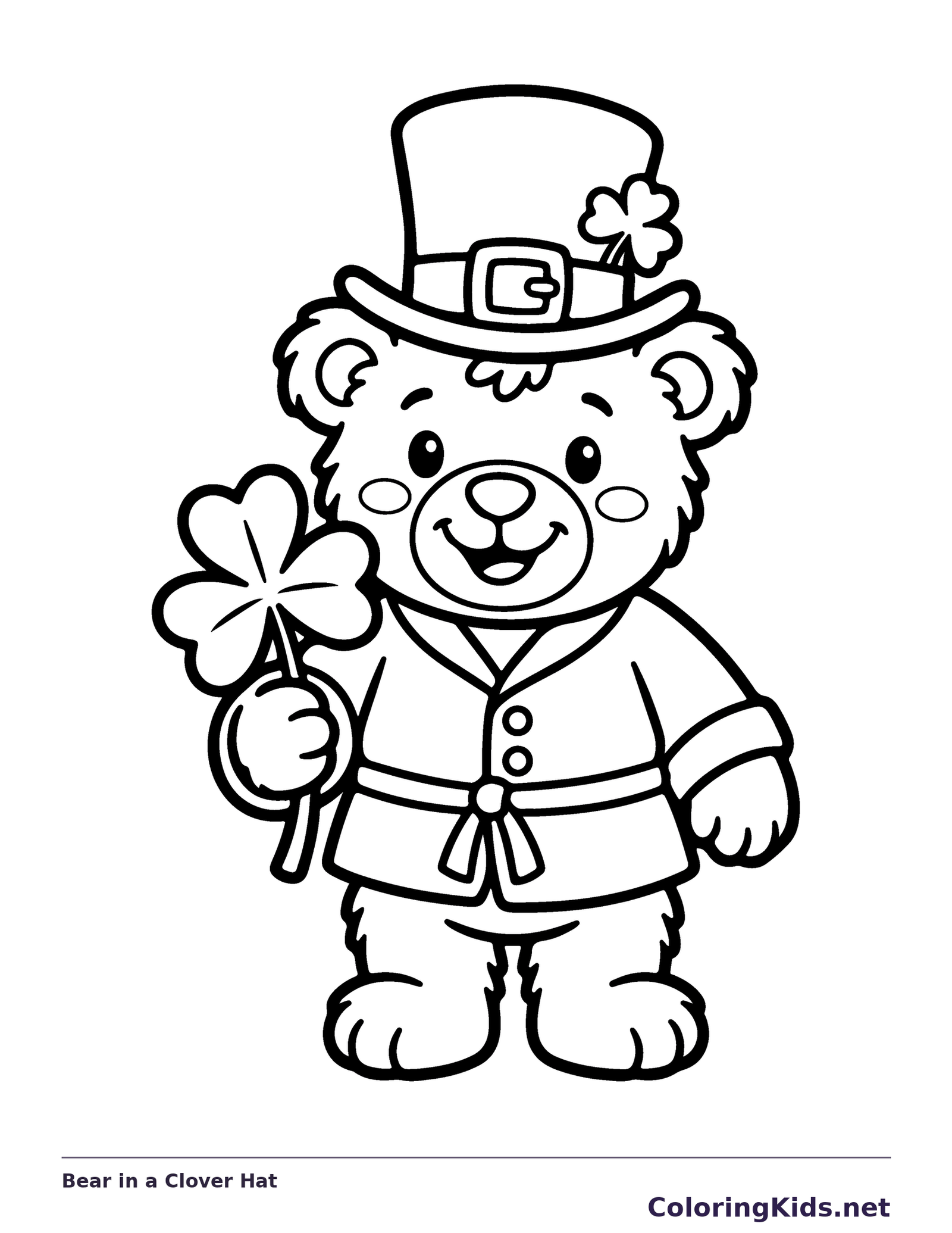 Smiling bear in a clover top hat holding a four-leaf clover