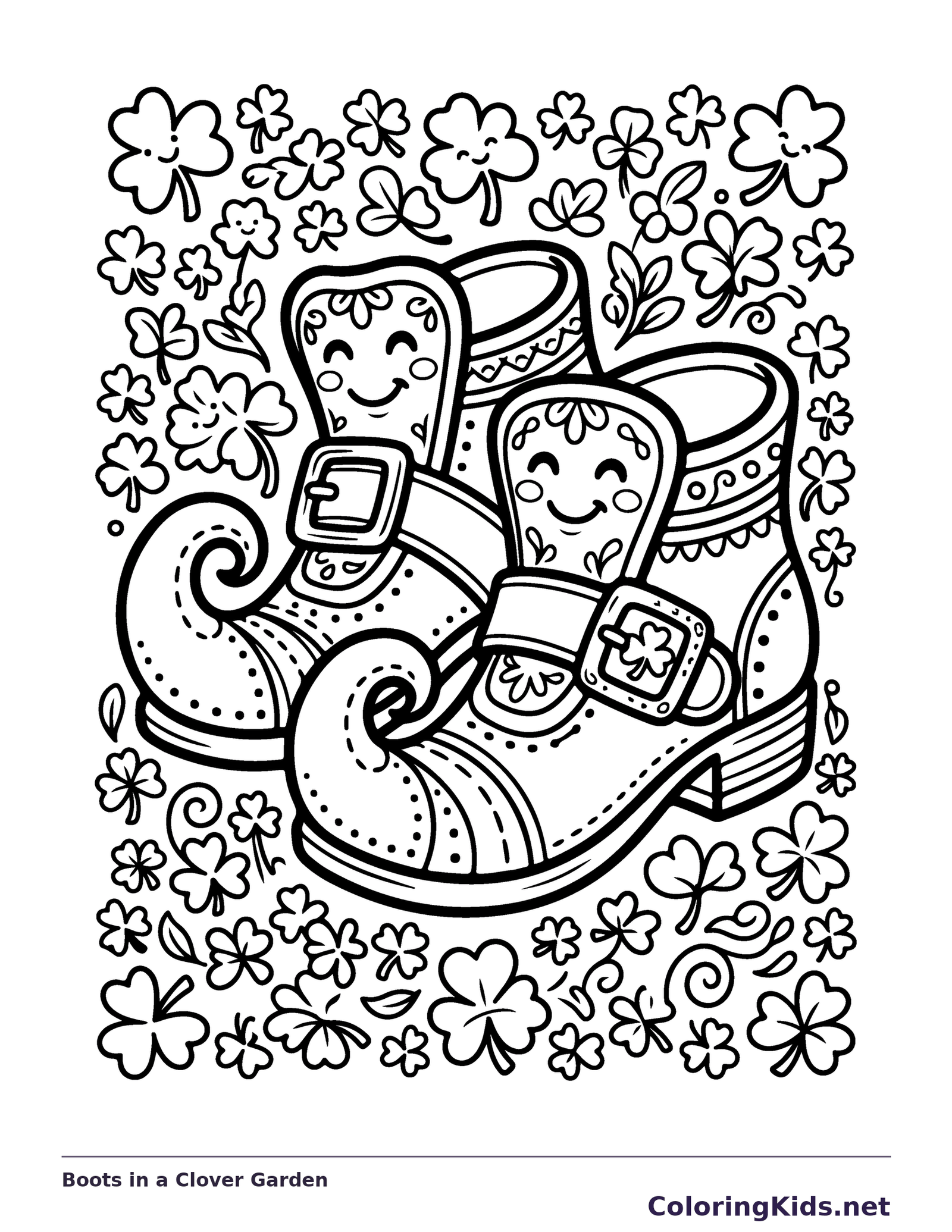 Pair of buckled boots surrounded by many small clovers and flowers