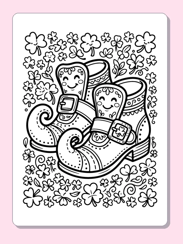 Pair of buckled boots surrounded by many small clovers and flowers