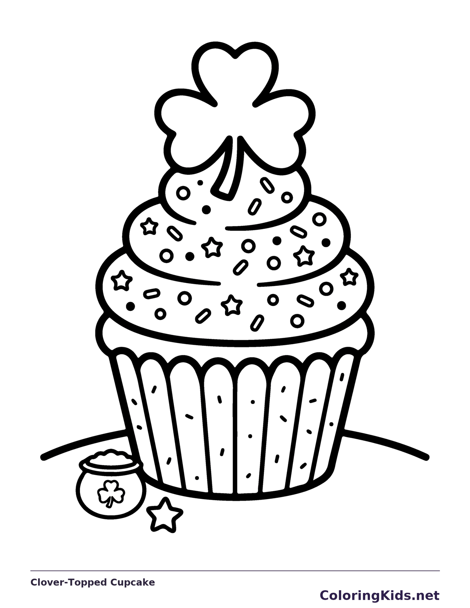 Cupcake with shamrock topper, dotted frosting and a small cup beside it