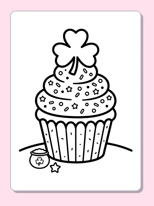 Cupcake with shamrock topper, dotted frosting and a small cup beside it