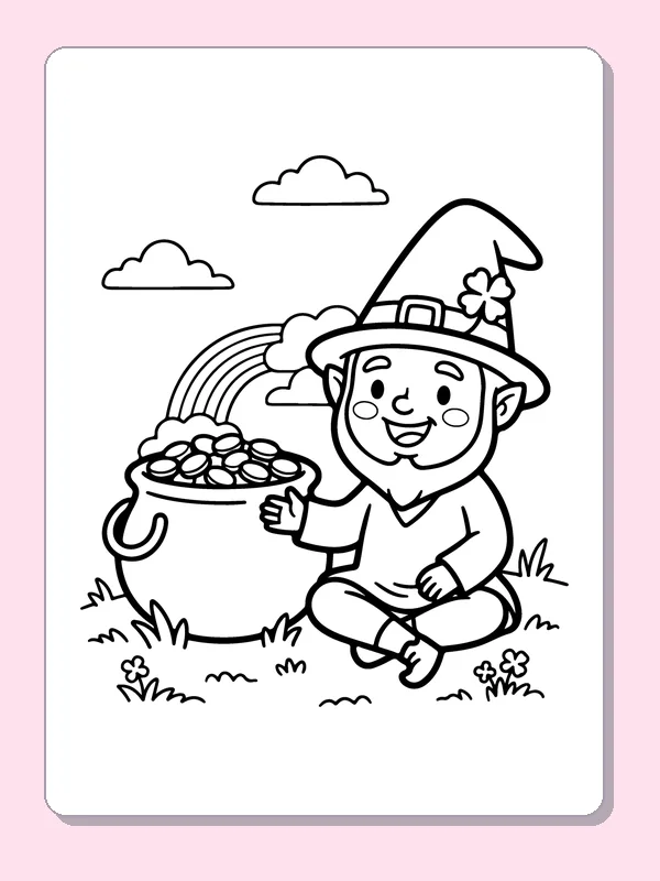 Seated leprechaun next to a pot of coins with rainbow and clouds
