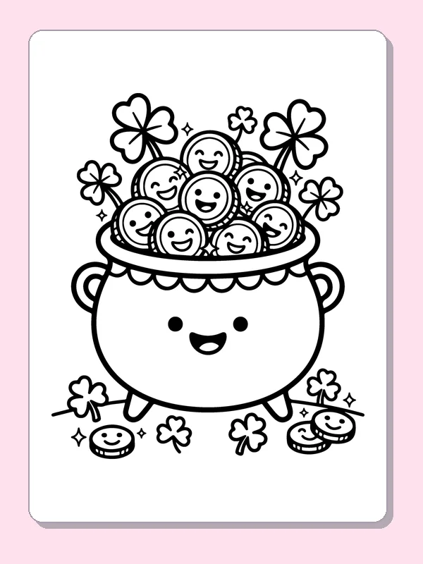 Happy pot of gold coins with smiling faces and clovers around the base