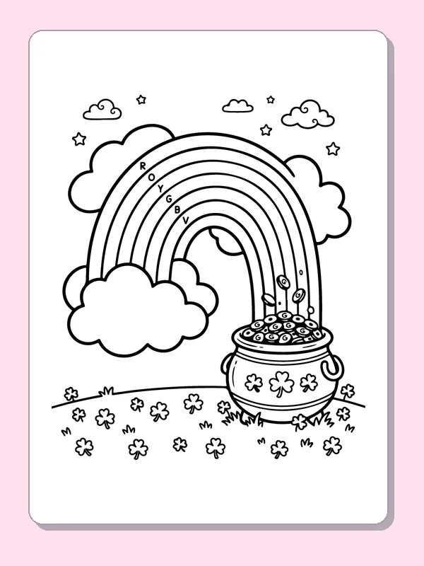 Rainbow over clouds and a pot of coins with scattered small shamrocks