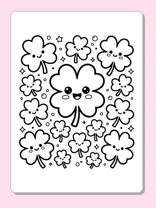 Large smiling shamrock surrounded by smaller smiling clovers and stars