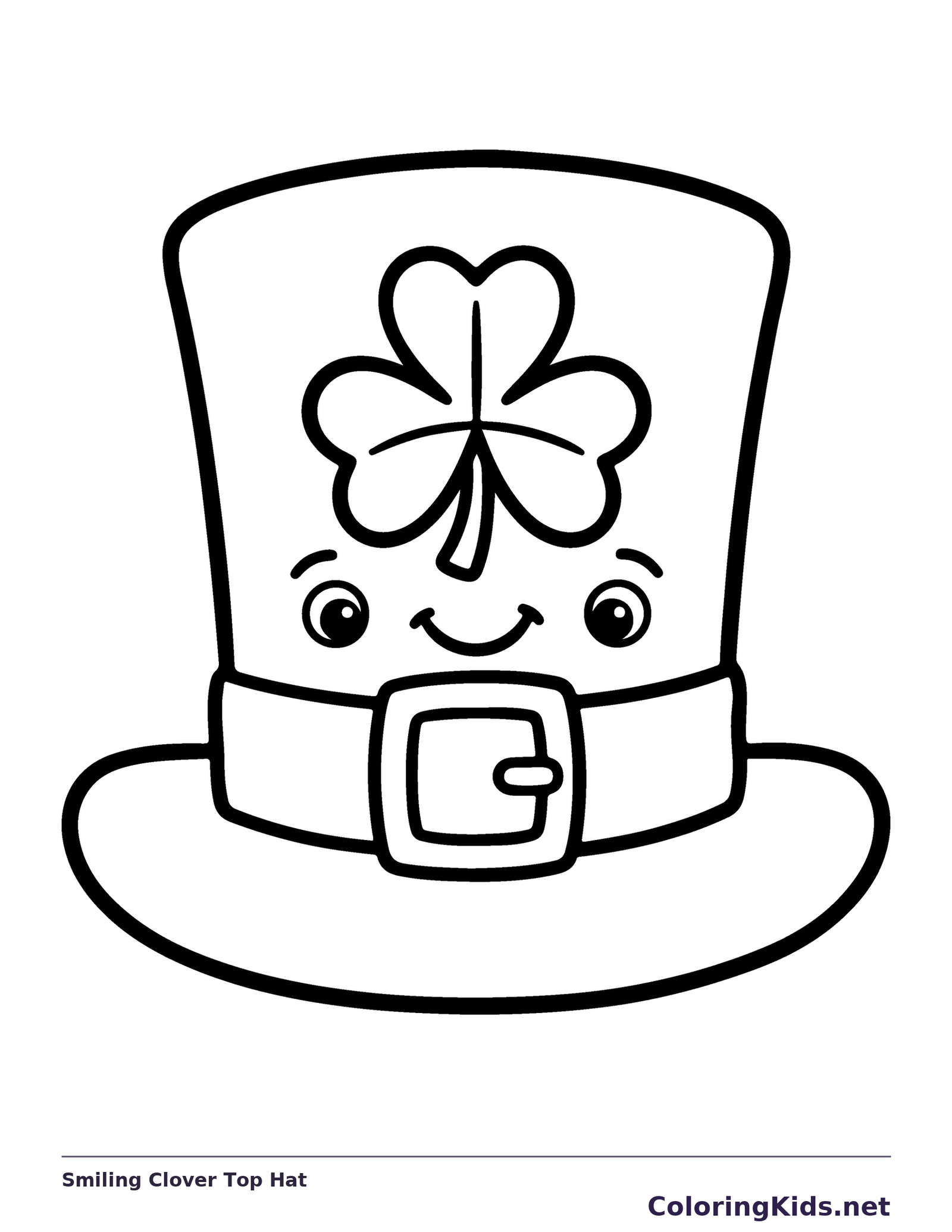 Smiling leprechaun top hat with buckle and four-leaf clover emblem