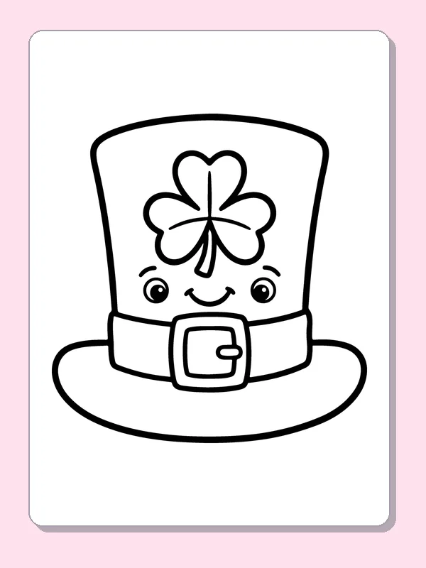 Smiling leprechaun top hat with buckle and four-leaf clover emblem