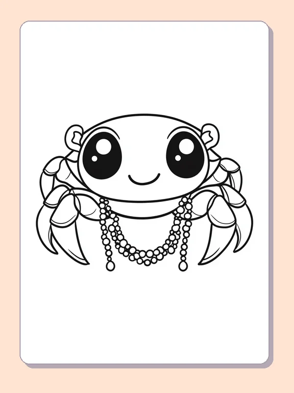 Black and white printable Mardi Gras coloring page of a Smiling crab holding two strands of party beads