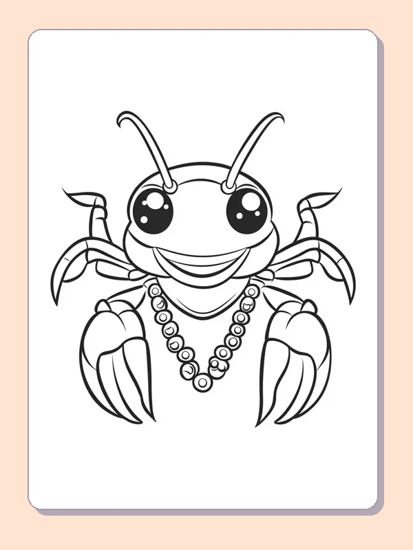 Black and white printable Mardi Gras coloring page of a Smiling crawfish with raised claws and a bead necklace