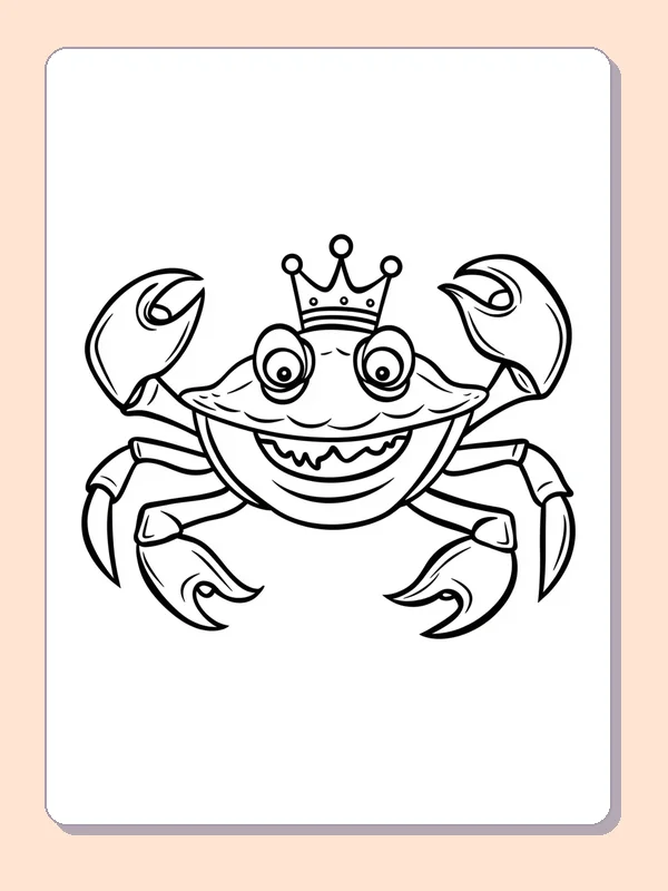 Black and white printable Mardi Gras coloring page of a Wide-smiling crab with raised claws and a small crown