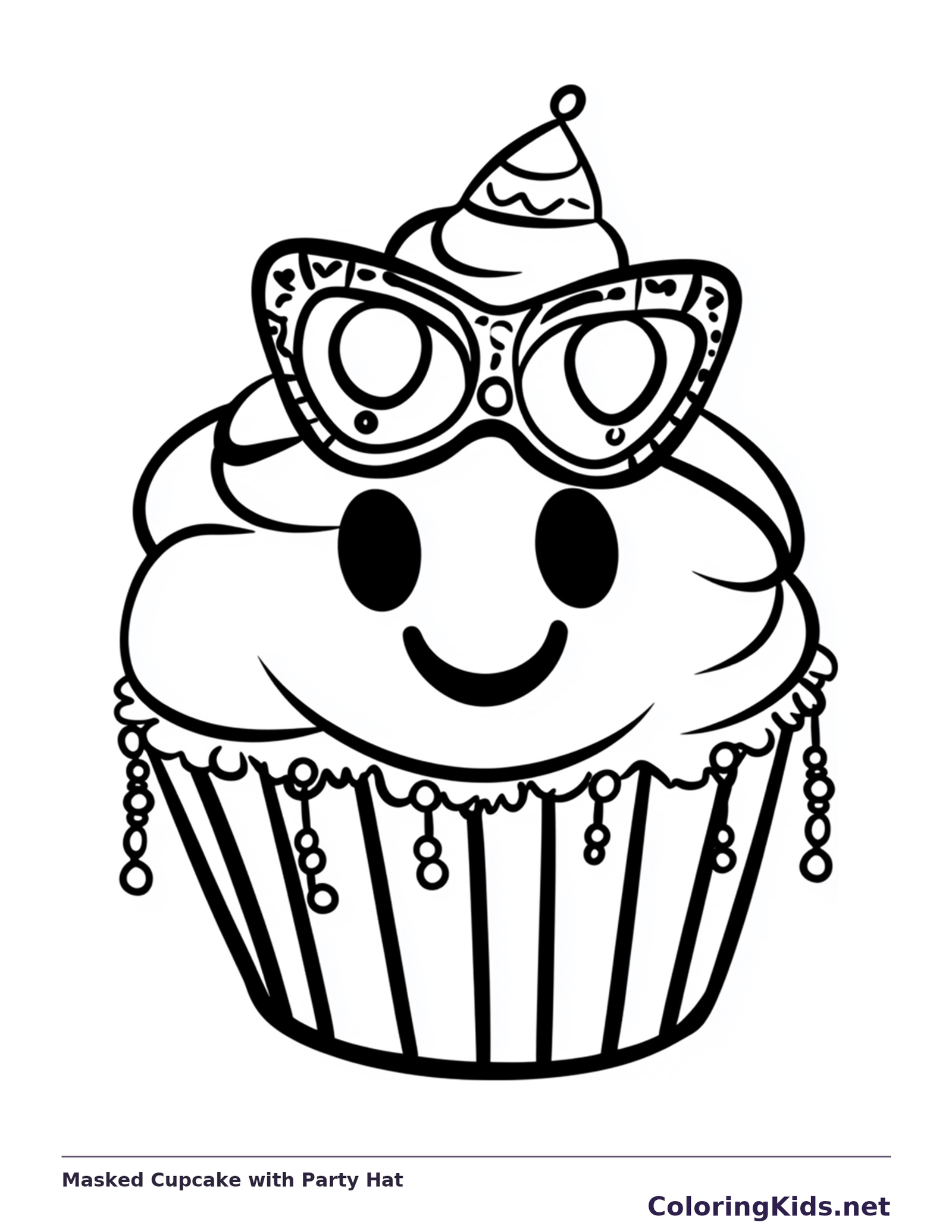Black and white printable Mardi Gras coloring page of a Cupcake in an eye mask and party hat with hanging bead strands