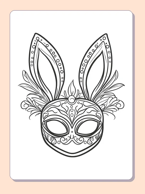 Black and white printable Mardi Gras coloring page of a Ornate rabbit-eared masquerade mask with feathers and dotted patterns