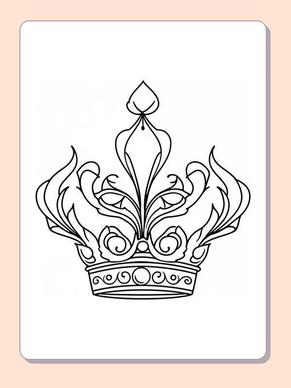 Black and white printable Mardi Gras coloring page of a Decorative crown with curling flame-shaped points and patterned band