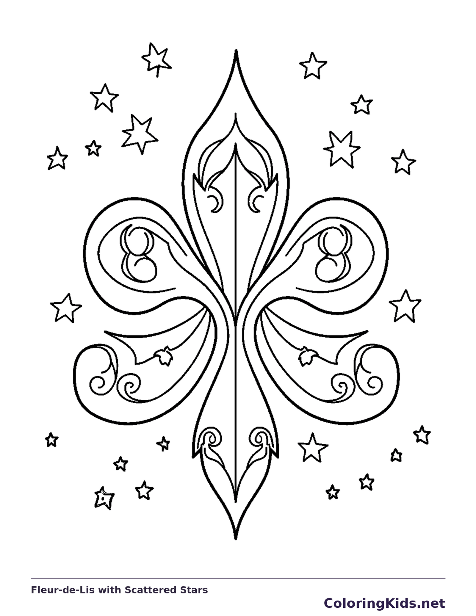 Black and white printable Mardi Gras coloring page of a Ornate fleur-de-lis with curling details and small scattered stars