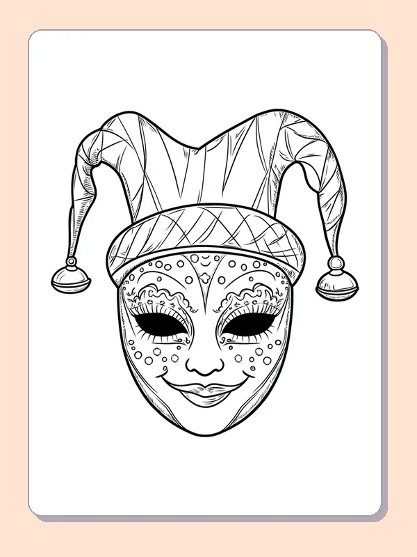 Black and white printable Mardi Gras coloring page of a Jester face in a two-point hat wearing a patterned eye mask
