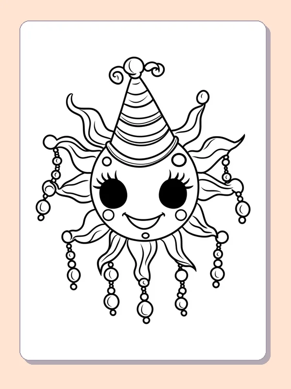 Black and white printable Mardi Gras coloring page of a Smiling sun-like jester face with striped cap and hanging beads