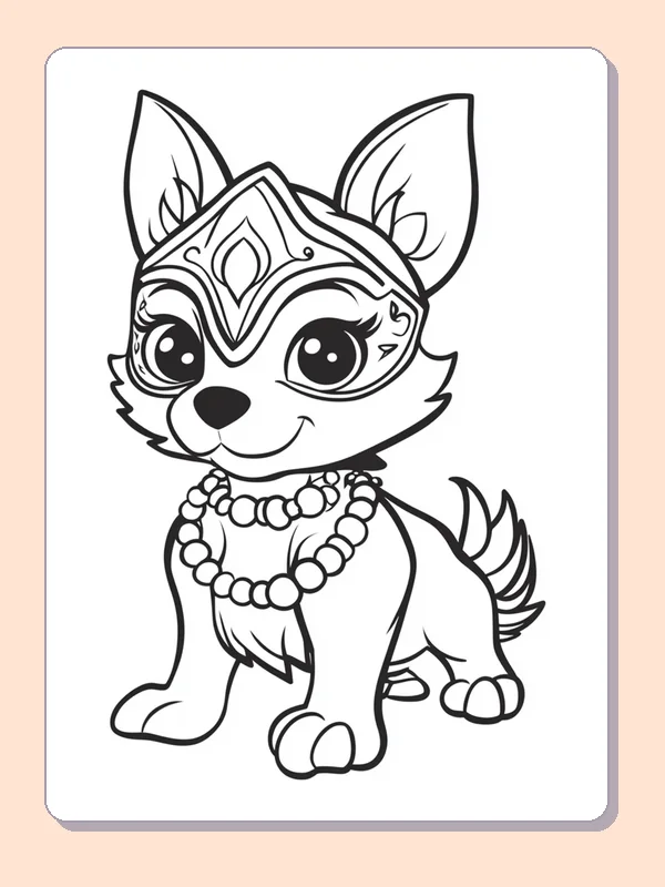 Black and white printable Mardi Gras coloring page of a Seated kitten wearing a decorated eye mask and bead necklace