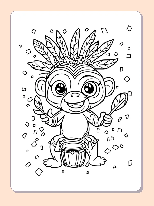 Black and white printable Mardi Gras coloring page of a Monkey with feathered headpiece playing a small drum among confetti