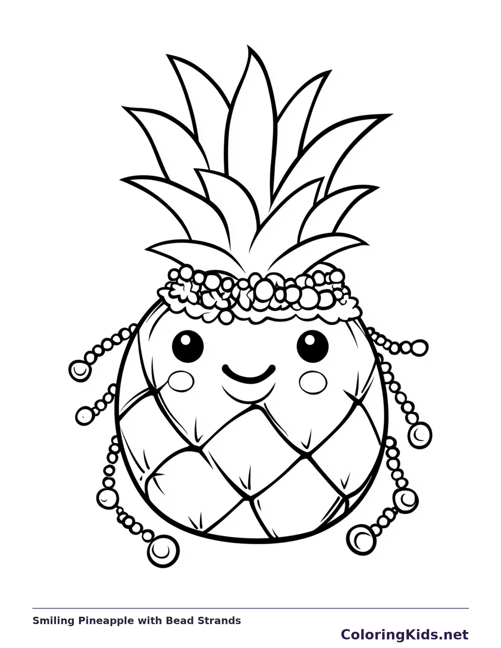 Black and white printable Mardi Gras coloring page of a Smiling pineapple with pointed leaves and hanging bead strands