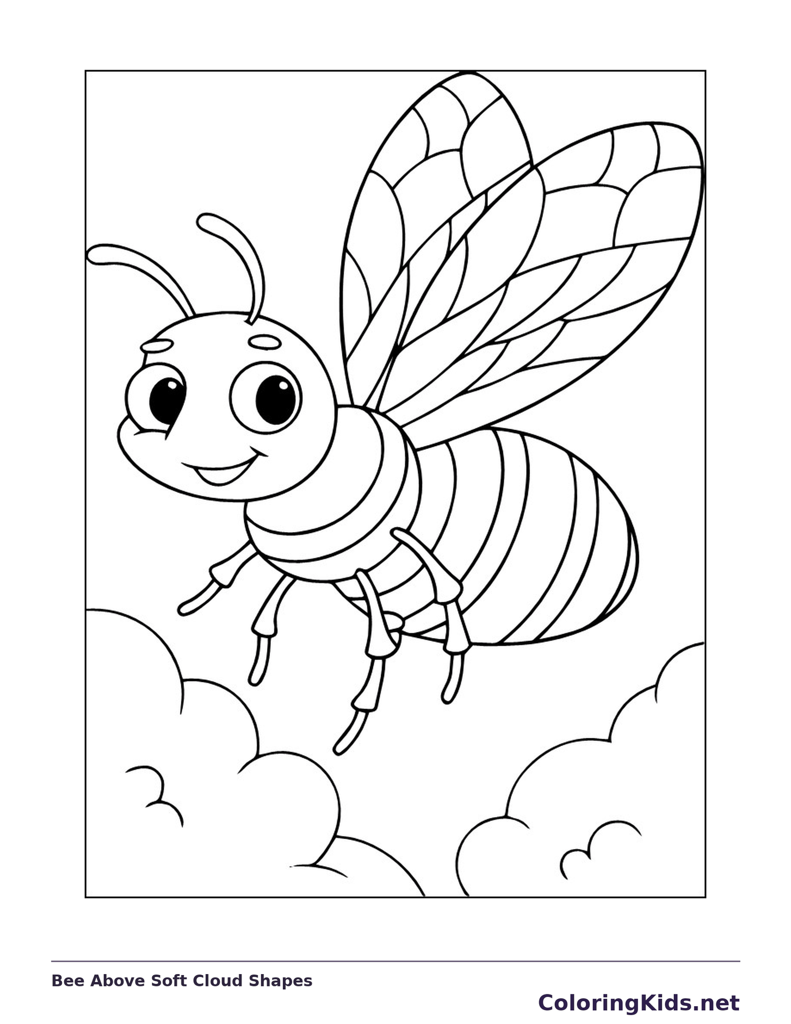 Bee Above Soft Cloud Shapes coloring page: black and white line art to print or color online