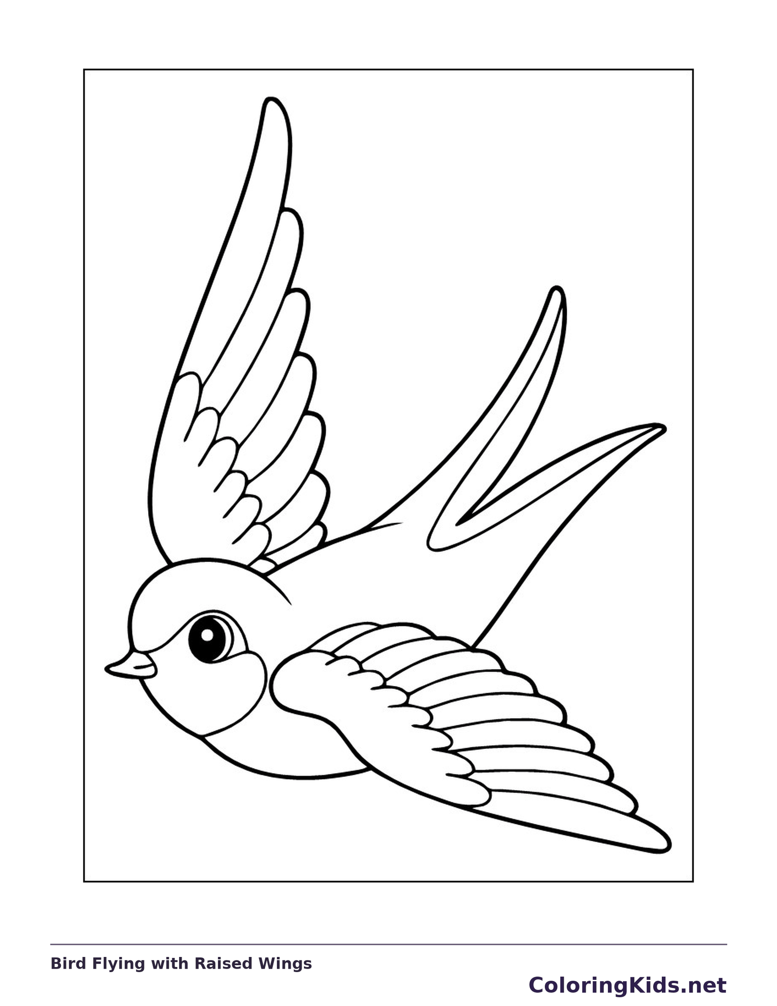 Bird Flying with Raised Wings coloring page: black and white line art to print or color online