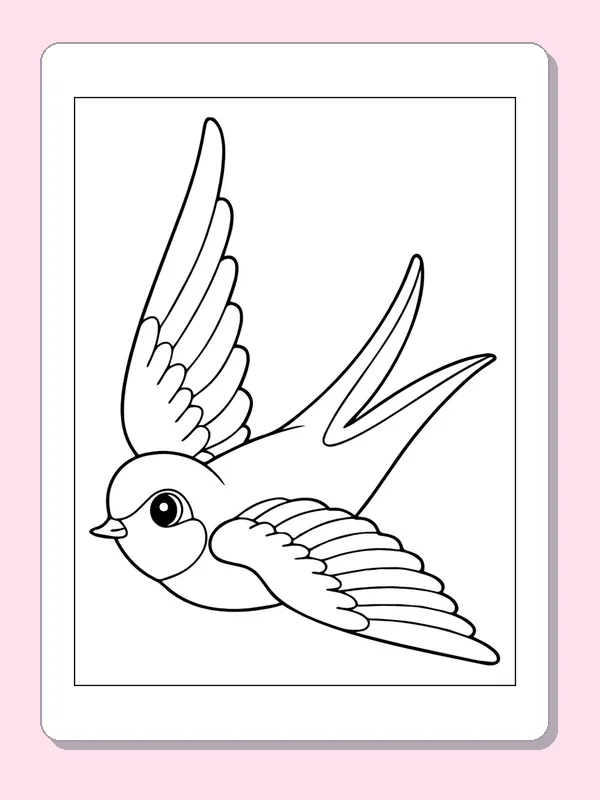 Bird Flying with Raised Wings coloring page: black and white line art to print or color online