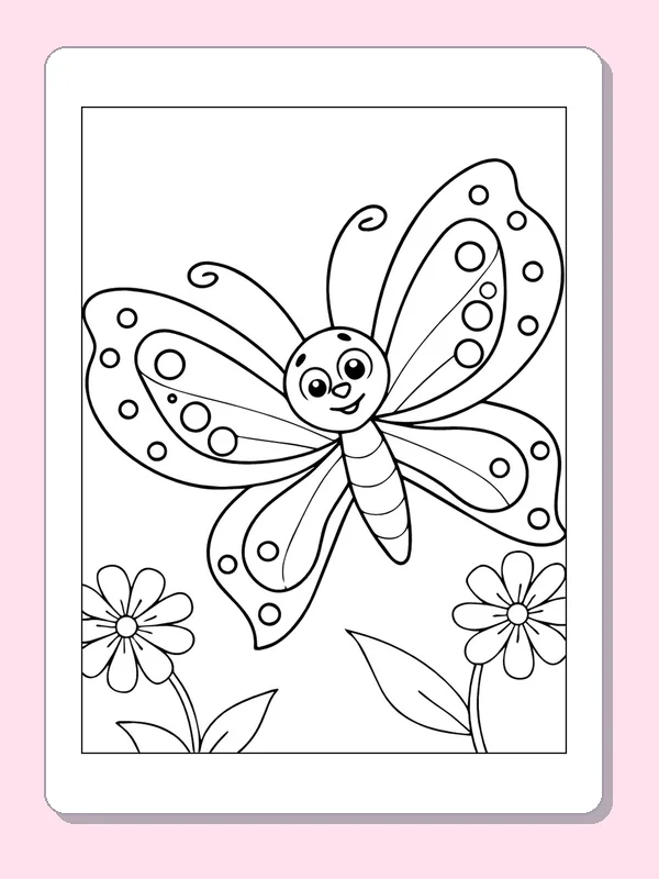 Butterfly Above Two Flowers coloring page: black and white line art to print or color online
