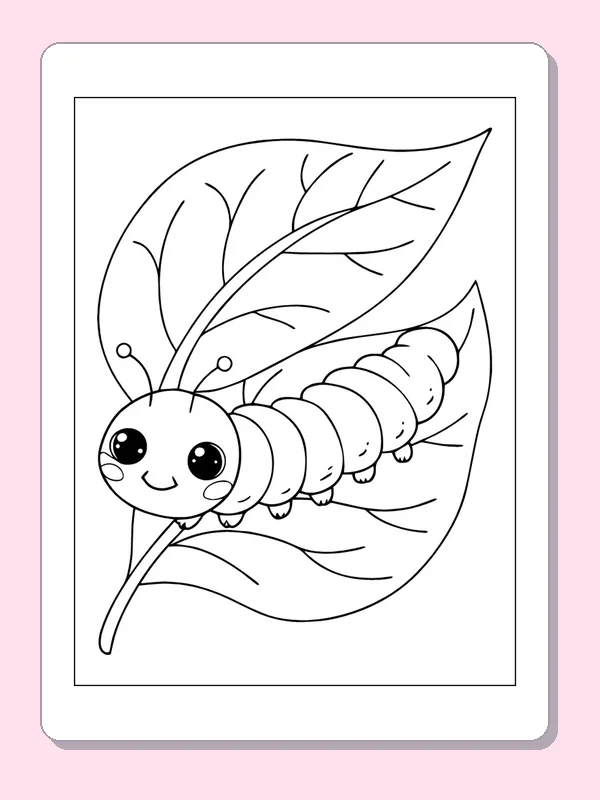 Caterpillar Along a Large Leaf coloring page: black and white line art to print or color online