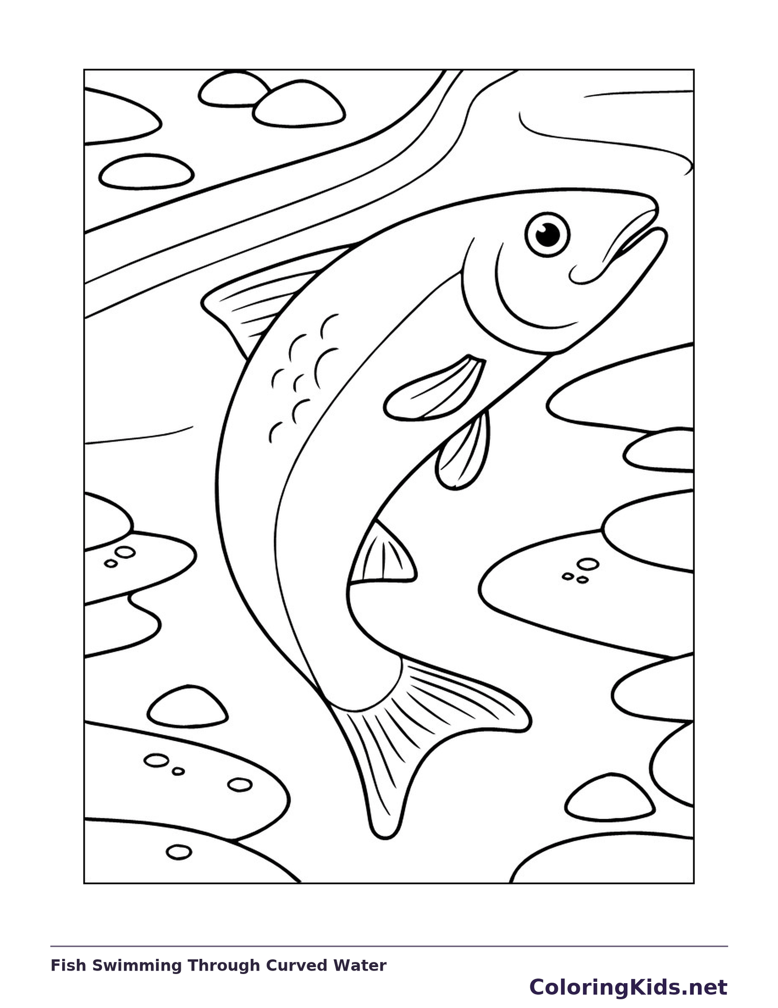 Fish Swimming Through Curved Water coloring page: black and white line art to print or color online