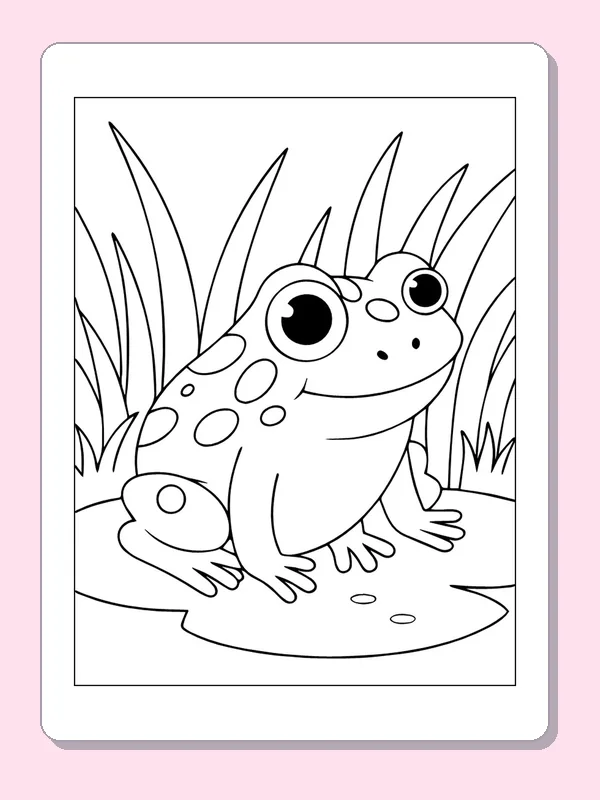 Frog on a Lily Pad coloring page: black and white line art to print or color online