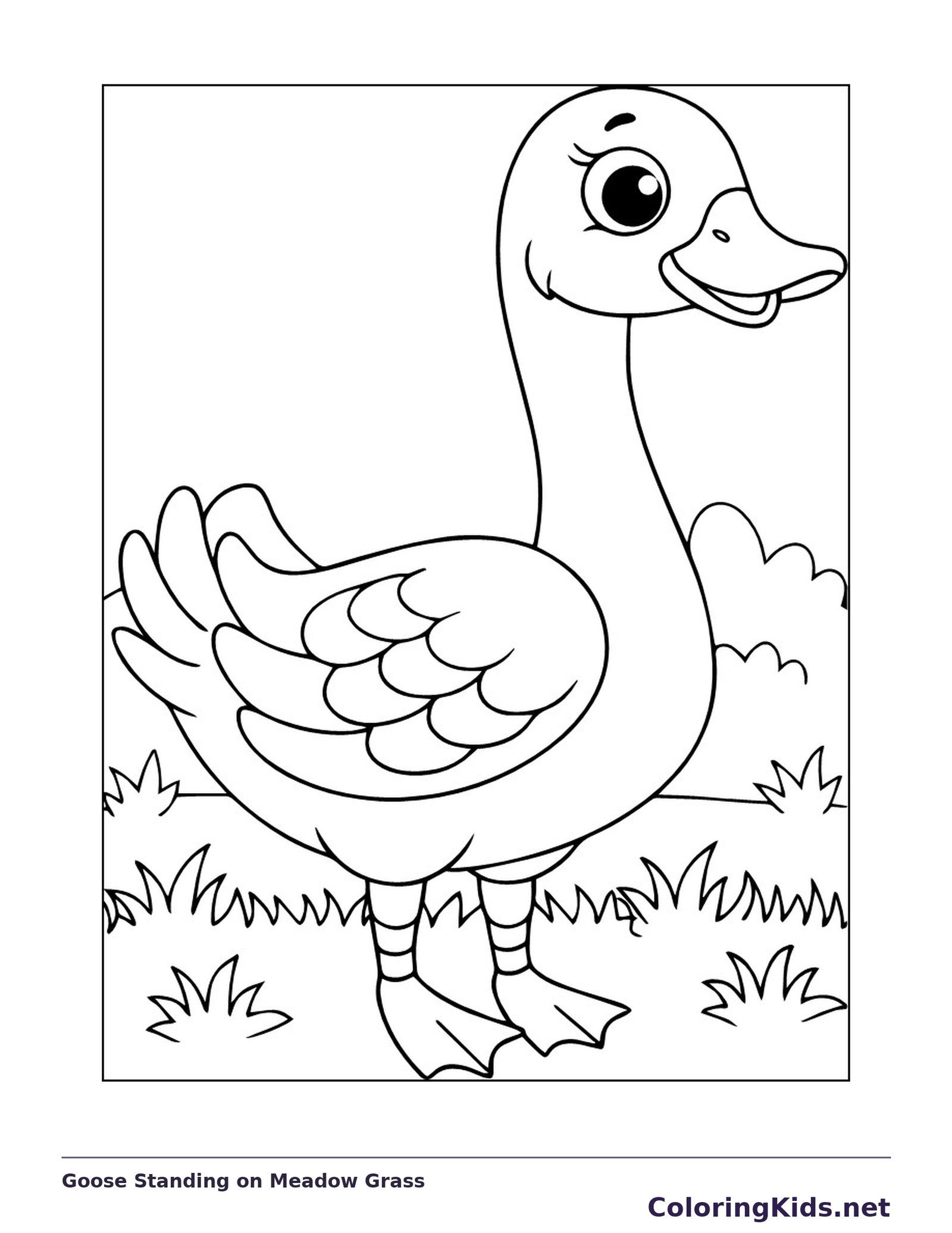 Goose Standing on Meadow Grass coloring page: black and white line art to print or color online