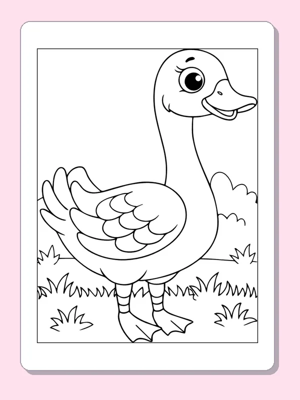 Goose Standing on Meadow Grass coloring page: black and white line art to print or color online