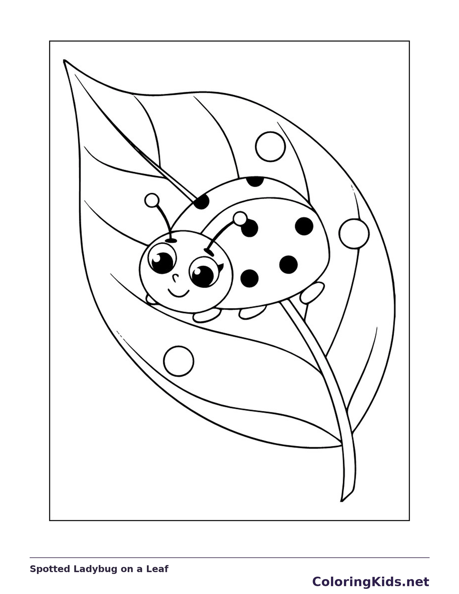 Spotted Ladybug on a Leaf coloring page: black and white line art to print or color online