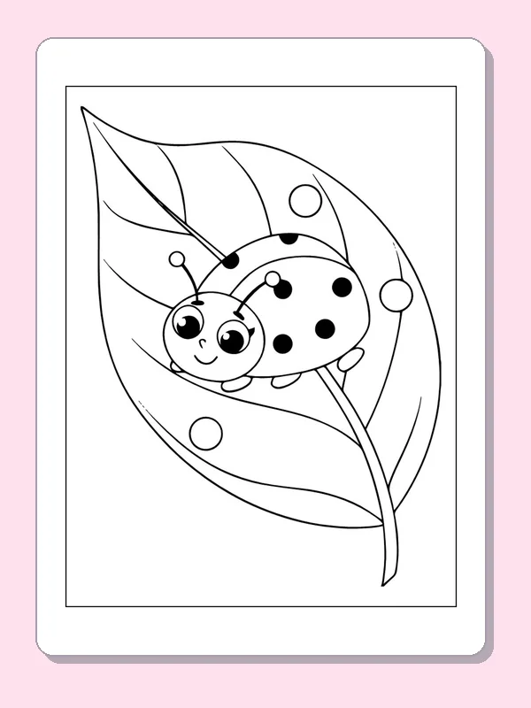 Spotted Ladybug on a Leaf coloring page: black and white line art to print or color online