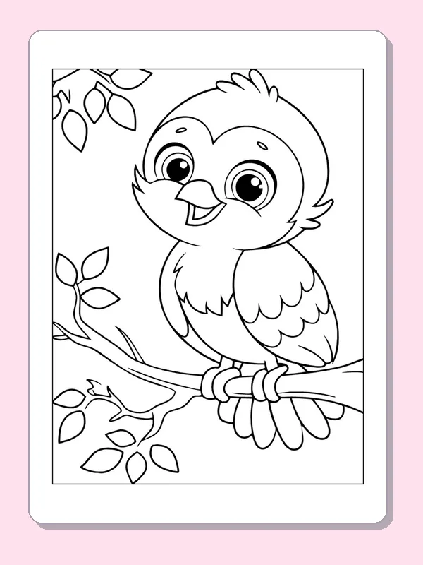 Round Bird on a Leafy Branch coloring page: black and white line art to print or color online