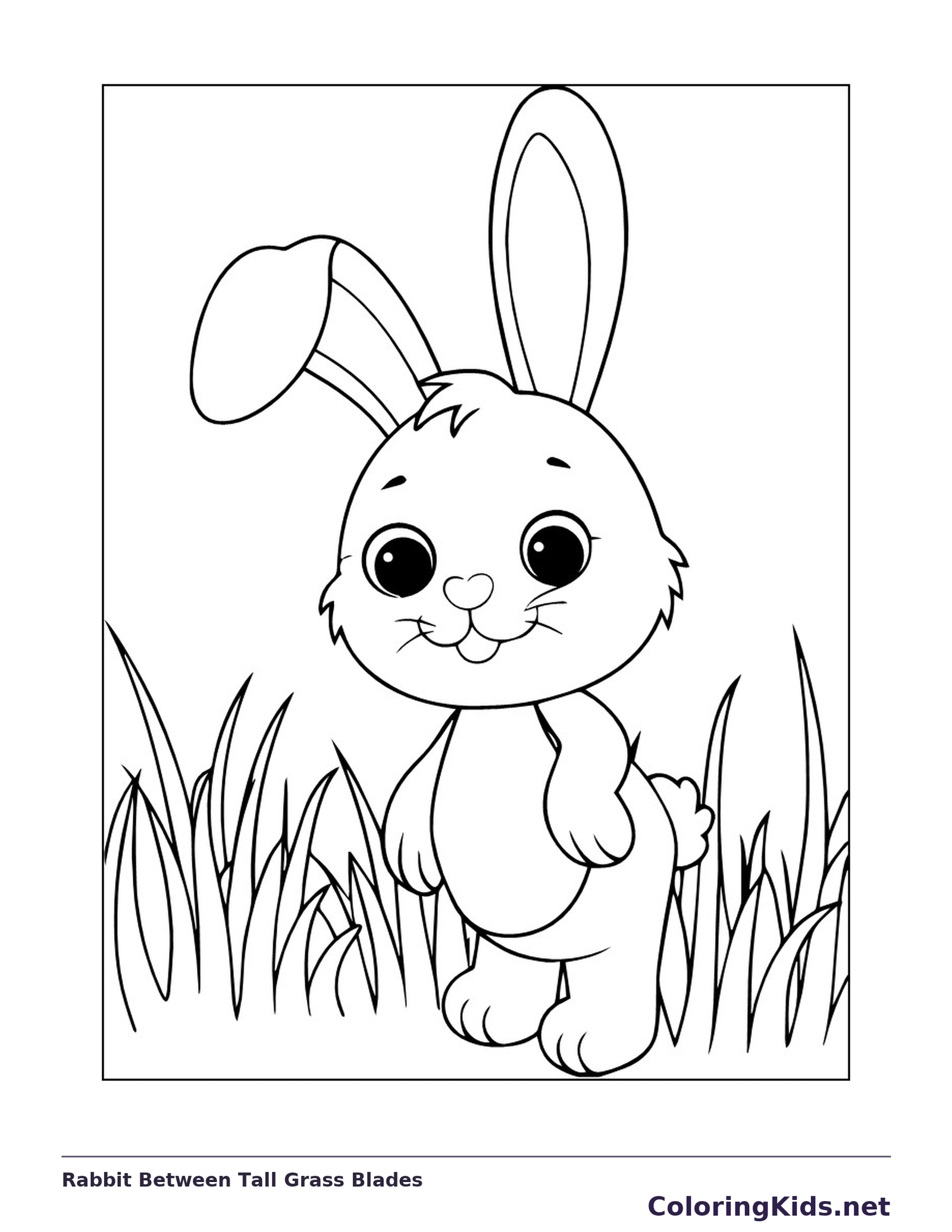 Rabbit Between Tall Grass Blades coloring page: black and white line art to print or color online