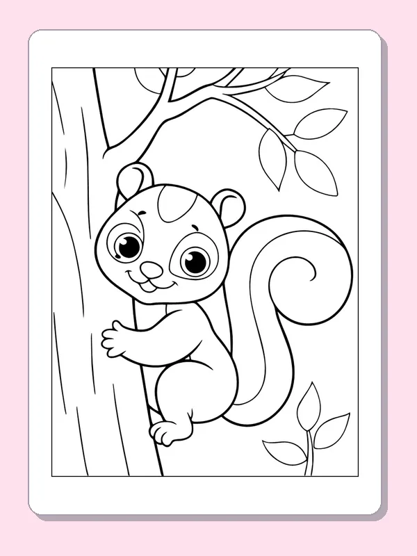 Squirrel Holding a Tree Trunk coloring page: black and white line art to print or color online